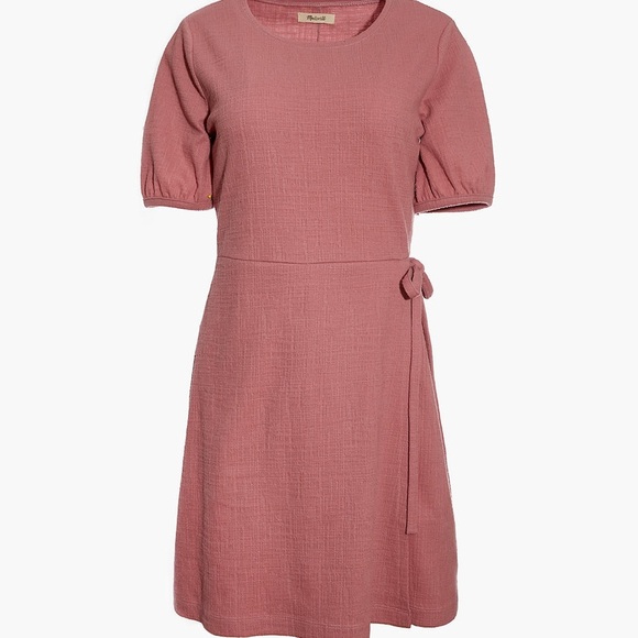 Madewell Crosshatch Puff-Sleeve Faux-Wrap Mini Dress, Berry, Size M, NWT - Picture 4 of 7